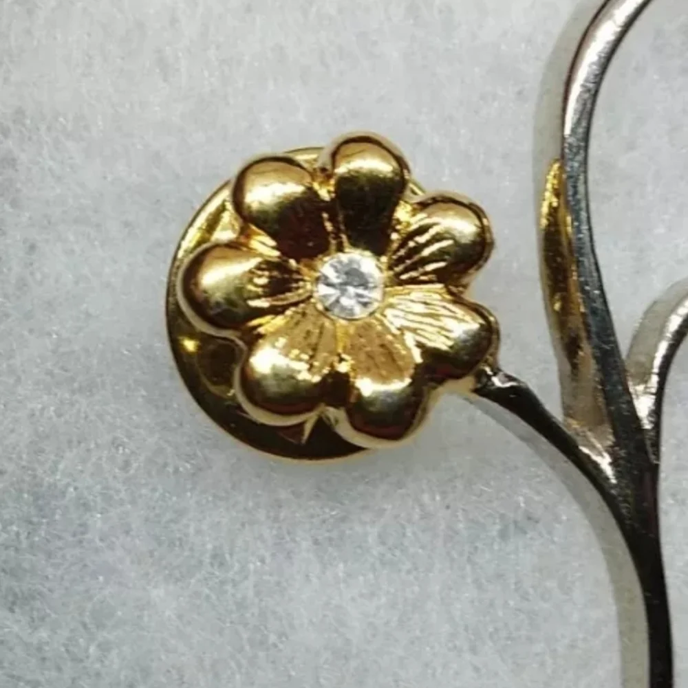 Vintage 1990 Push Back FLORAL lapel Pin gold tone Clear Rhinestone
